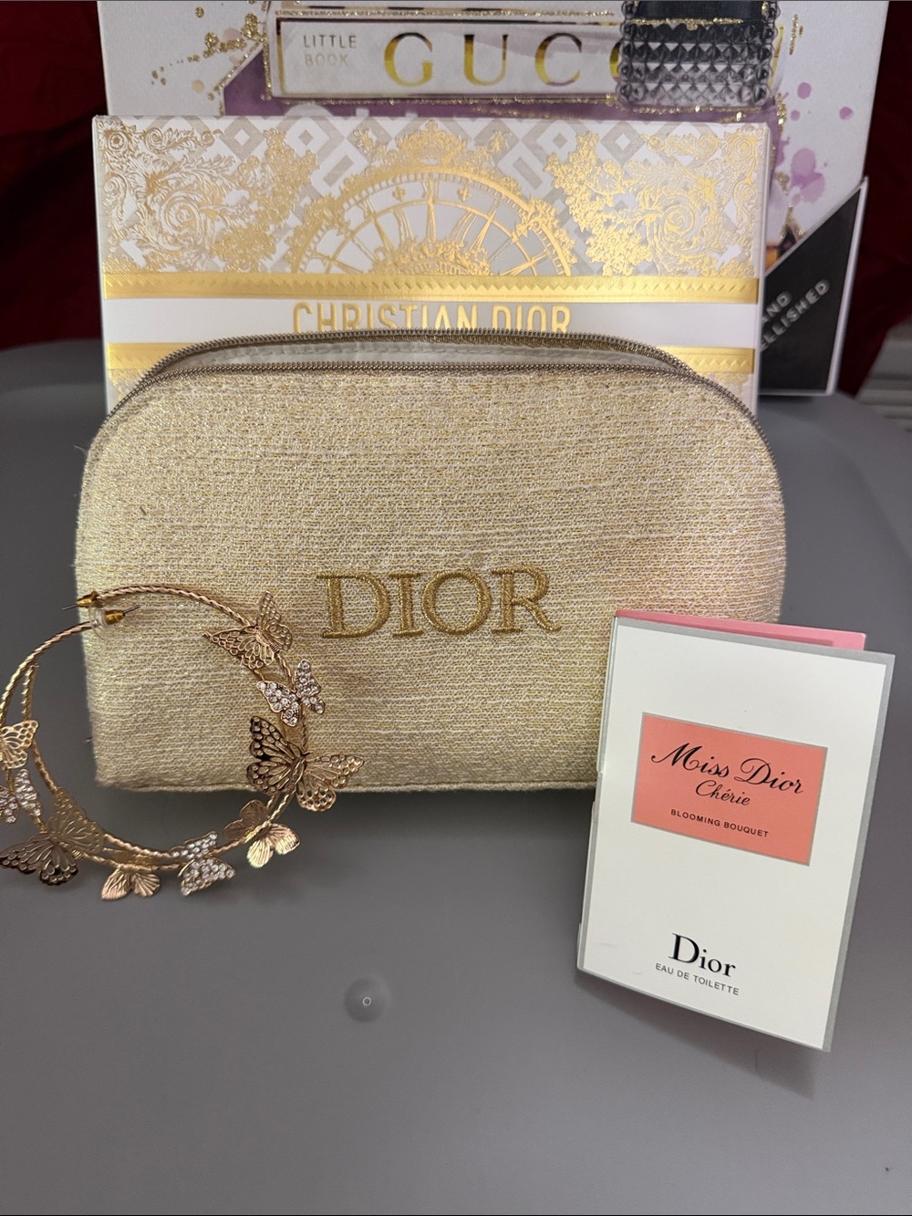 Dior Gold Metallic Embroidered Cosmetic Pouch, Miss Dior and Butterfly earrings
